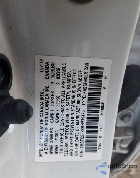 2019 Honda Civic Sport z USA, uszkodzony, nr VIN 2HGFC2F88KH539475